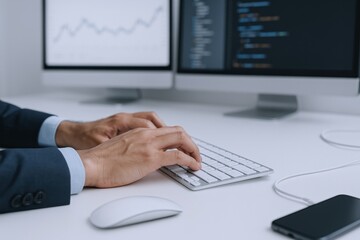 Software Developer Coding with Dual Monitors Demonstrating Stock Analysis and Mobile Application Development