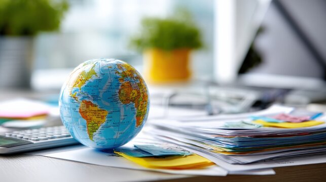 Globe on Office Desk with Financial Documents, Calculator, and Plant - Global Business and Finance