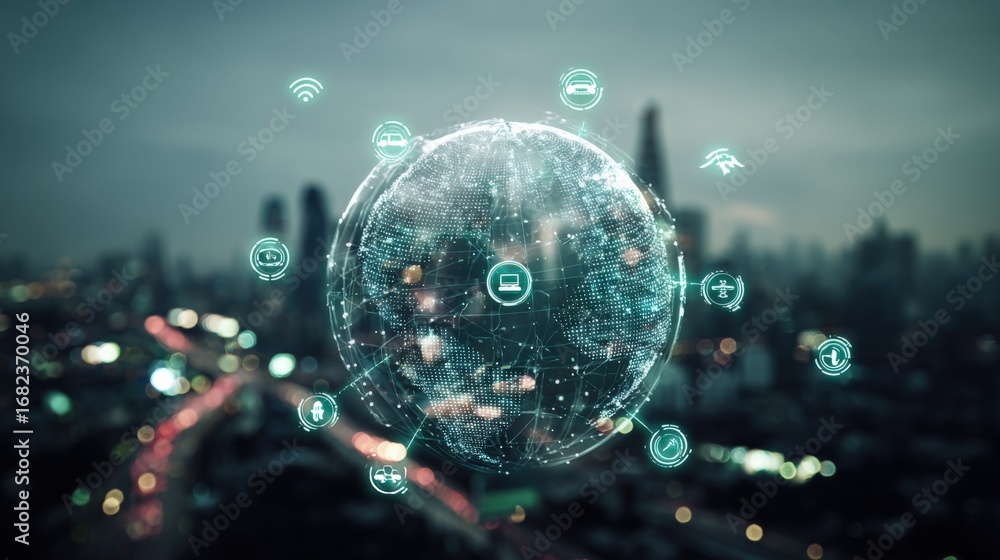 Poster connected world network with cityscape: technology and communication infrastructure for global busin