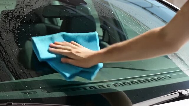 Man diligently cleaning car windshield with a blue microfiber cloth, showing clear visibility.