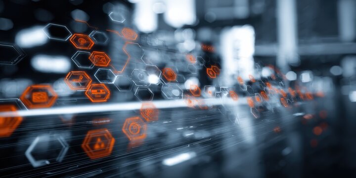 Abstract data stream visualization with interconnected hexagonal icons, representing digital networking, future technology, and innovative solutions - Powered by Adobe