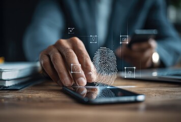 Close-up of a person's hand placing a finger on a phone screen, displaying a fingerprint graphic and various digital icons