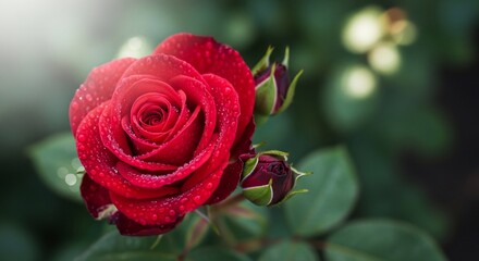Dew-Kissed Crimson Rose with Buds, Lush Greenery, and Soft Bokeh Background