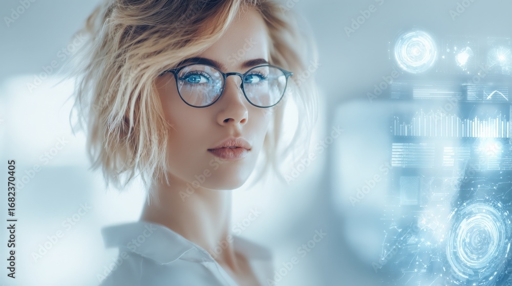 Poster focused young professional analyzing futuristic data visualizations, displaying technology and innov