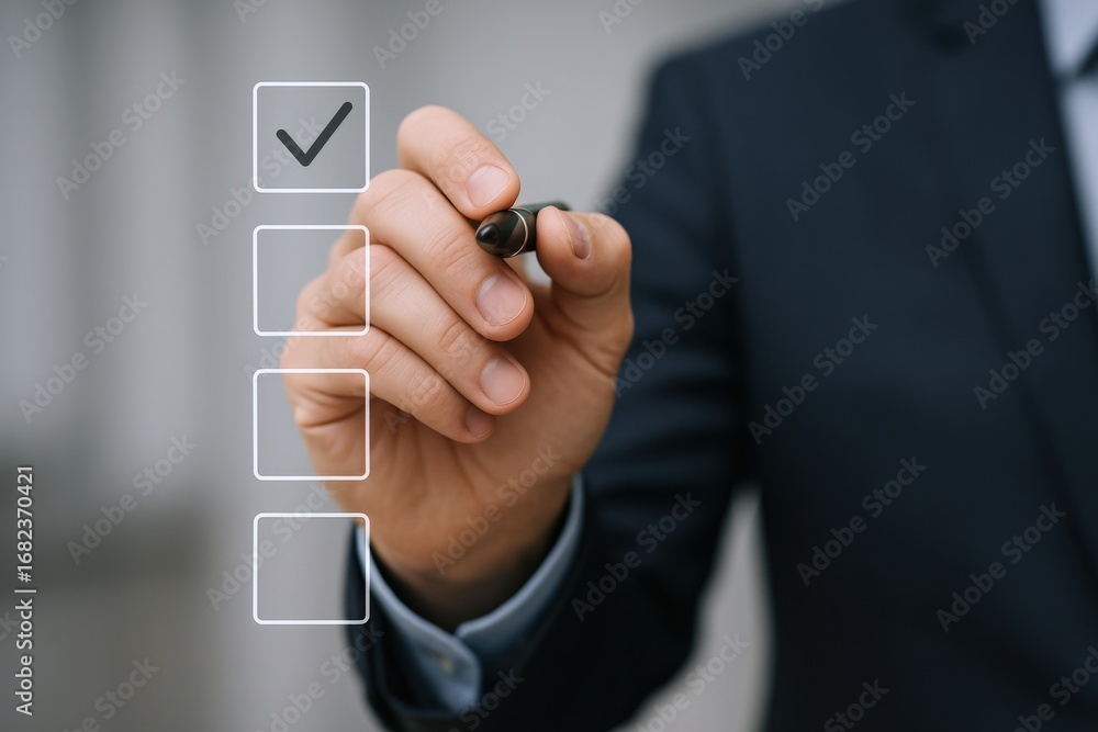 Poster businessman completing checklist with check mark on transparent surface, representing tasks, goals, 