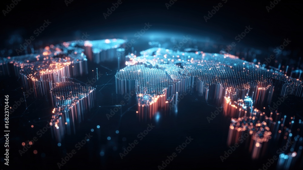 Poster global data visualization: abstract digital world map with glowing connections and technological inf