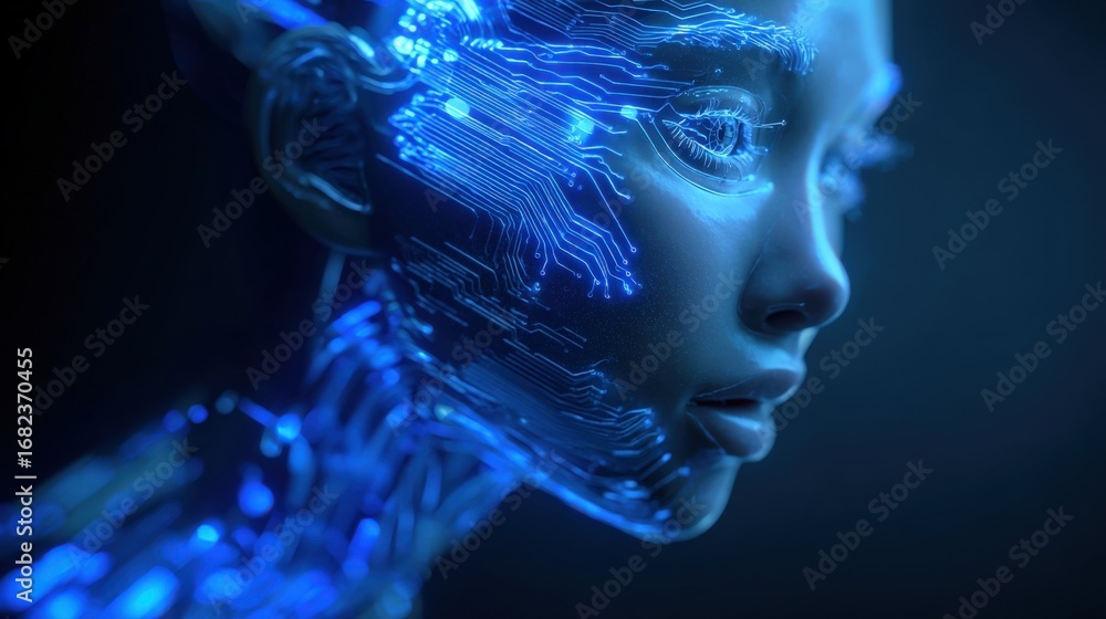 Poster futuristic ai humanoid with glowing circuitry: advanced technology and artificial intelligence conce