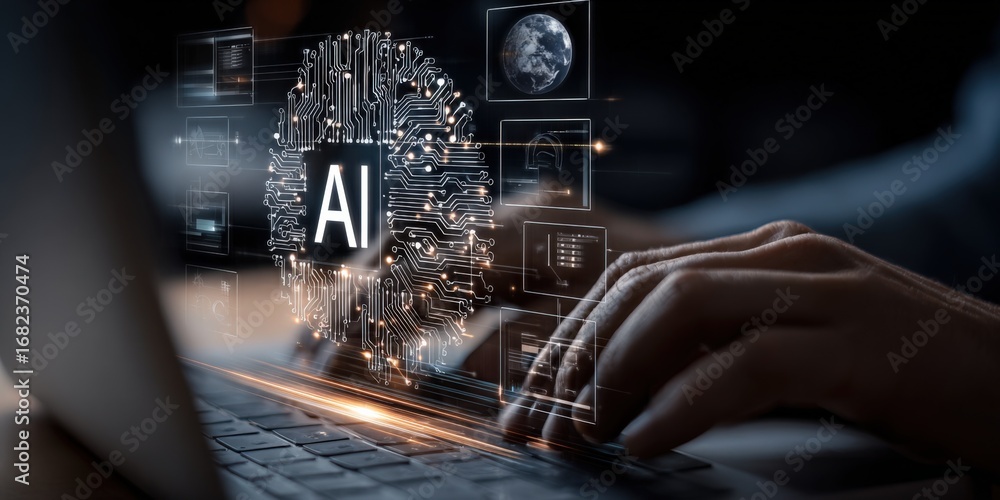 Poster ai technology futuristic concept: hands typing on a keyboard with a holographic ai interface overlay