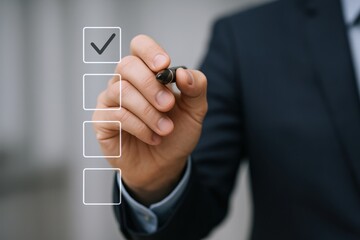 Businessman Completing Checklist with Check Mark on Transparent Surface, Representing Tasks, Goals, and Project Management