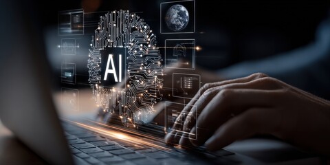 AI technology futuristic concept: Hands typing on a keyboard with a holographic AI interface overlay.