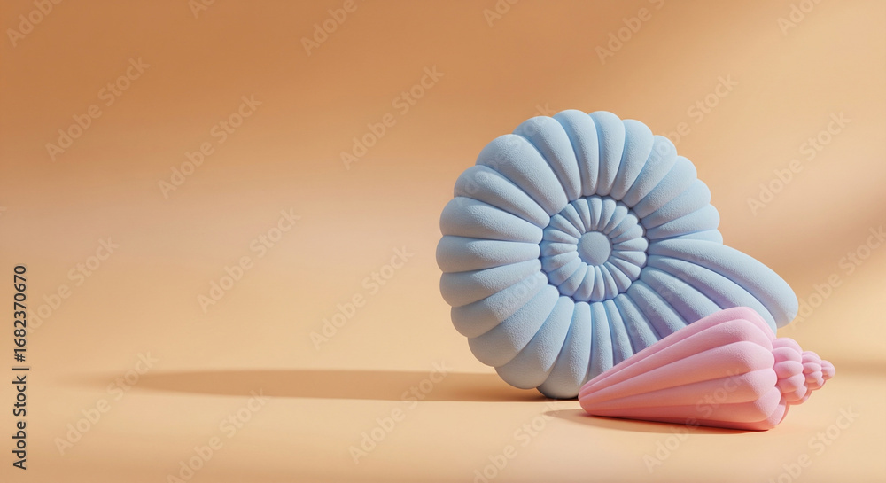 Poster two pastel seashells on seamless background mockup copy space. modern elegant shell product display 