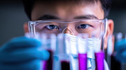 Asian Scientist Analyzing Samples in Test Tubes, Wearing Safety Glasses and Protective Mask for Scientific Research