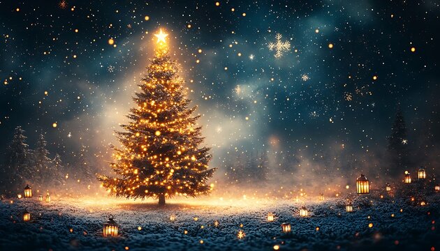 Illuminated Christmas tree in snowy forest with lanterns and starry night sky lights