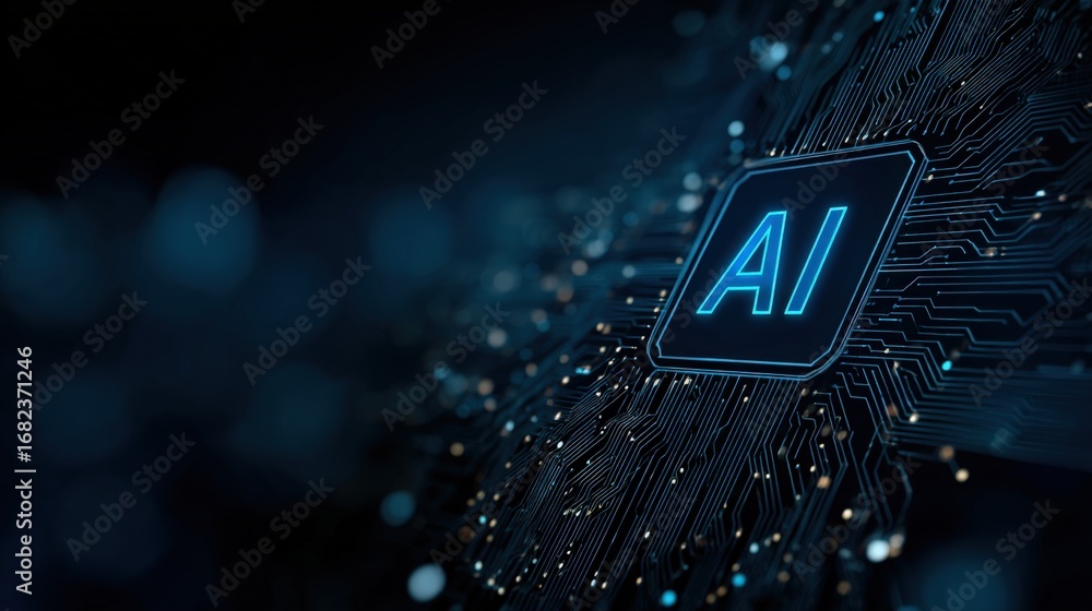 Poster ai microchip with glowing circuitry: artificial intelligence and modern computer technology concept