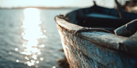 Rustic Wooden Boat on Shoreline at Sunset with Glimmering Water - Maritime Tranquility