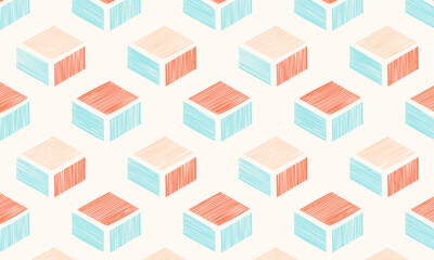 Isometric 3D Cube Seamless Pattern with Hand-Drawn Scribble Texture, Abstract Geometric Blocks Background