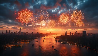 Orange fireworks explode over a city skyline and river at sunset image