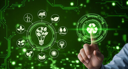 Innovative green technology powering sustainable future, scientist interacts with eco-digital interface