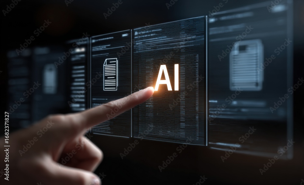 Poster human finger touching glowing ai interface display screen; artificial intelligence technology concep