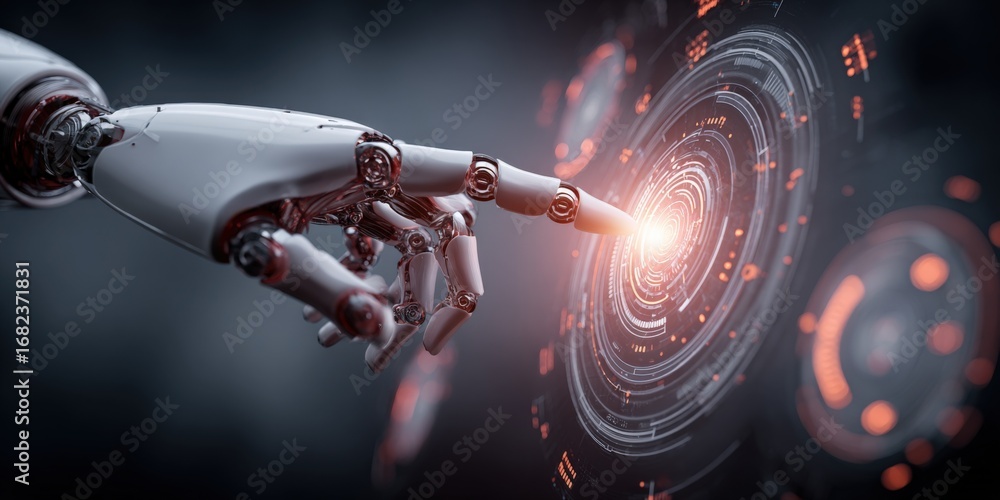 Poster futuristic robot hand interacting with a digital interface, representing artificial intelligence and