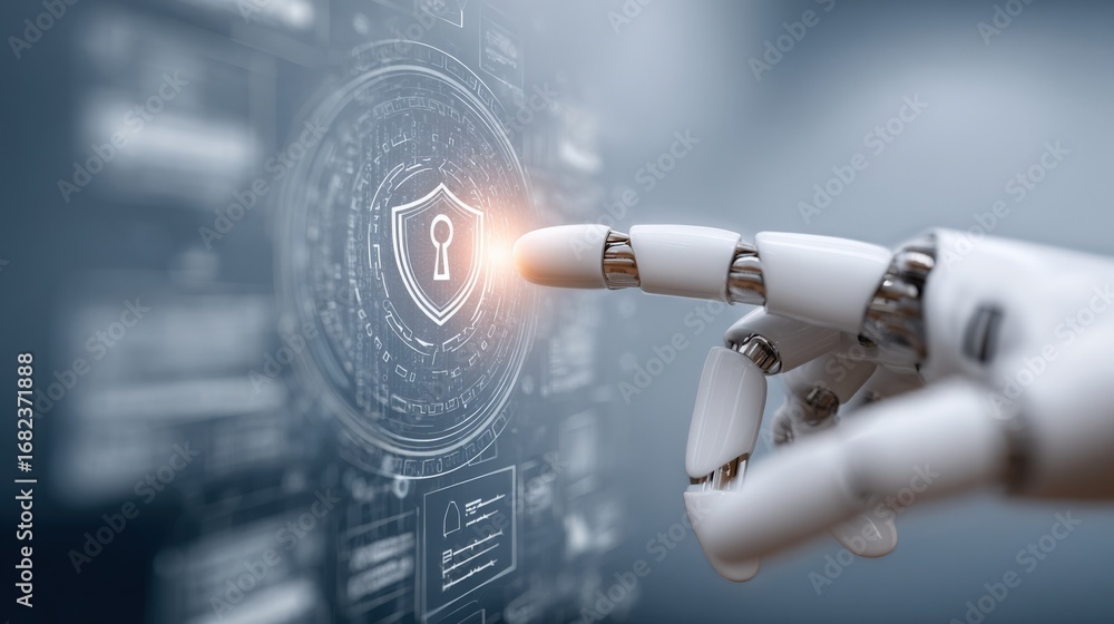 Aufkleber ai cybersecurity technology: robot hand activating shield icon on digital interface, represents prot