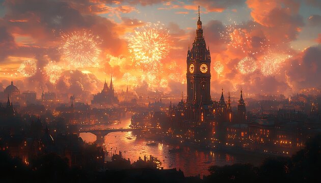 Ornate clock tower overlooks city skyline with vibrant fireworks display celebration