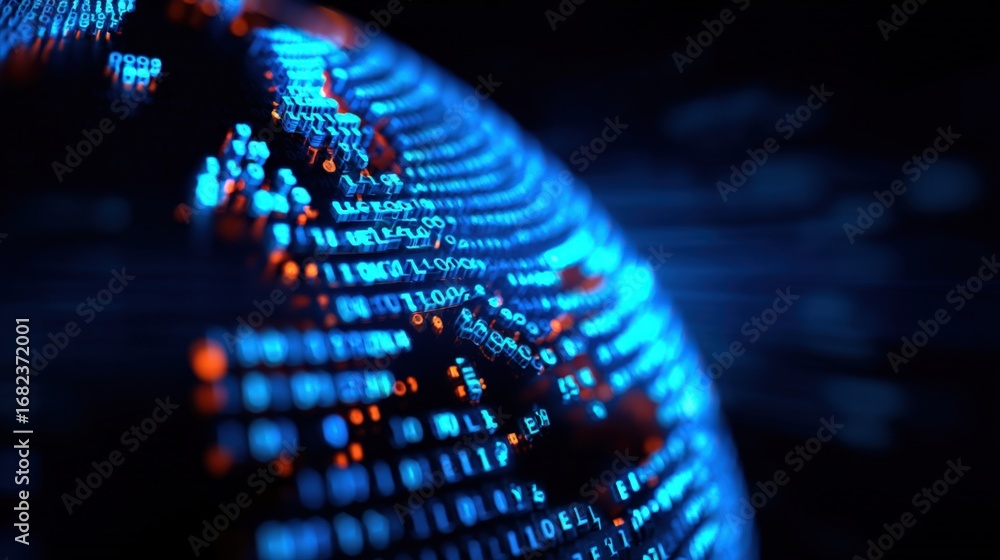 Poster abstract digital world: luminous data visualization on globe, technology concept for global network