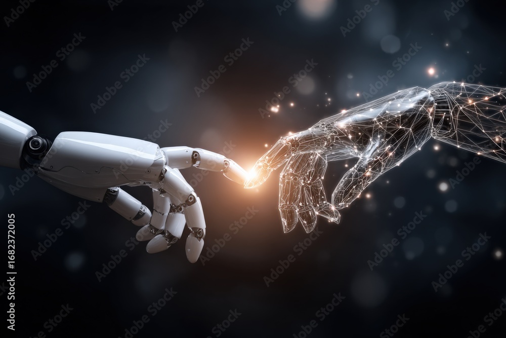 Poster futuristic ai: robot and digital hands touching with a glowing connection, symbolizing innovation an