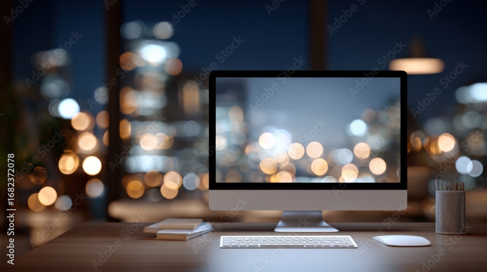 Poster desktop computer setup with city lights backdrop for modern workspace and technology concepts