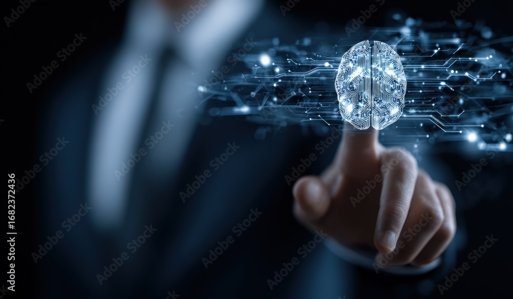 Poster digital brain interface: businessman interacting with artificial intelligence via holographic projec