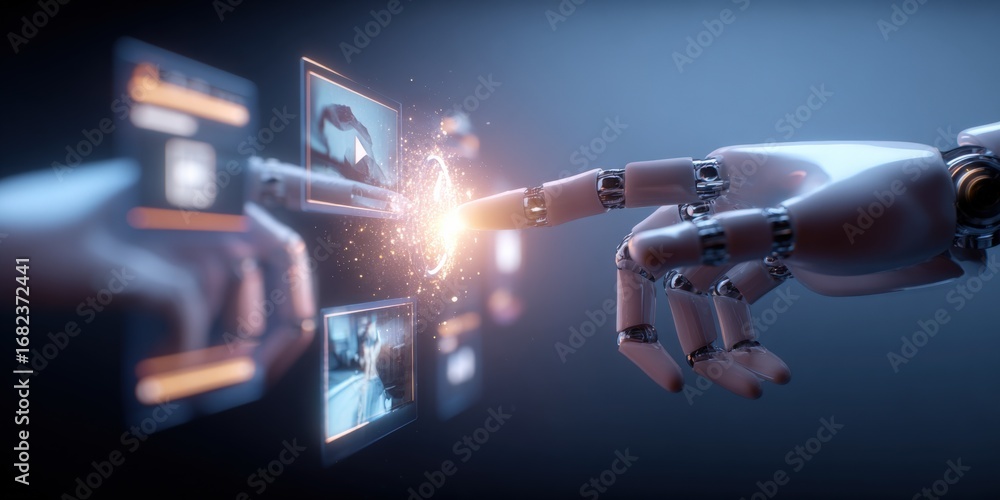 Poster robotic arm interacting with digital interface, representing ai, automation, and future technology c