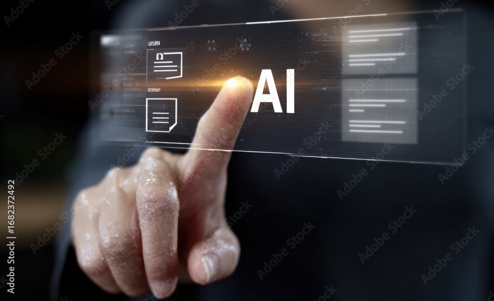 Poster artificial intelligence interface: human hand interacting with ai touchscreen for data analysis and 