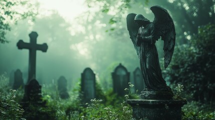 Serene angel statue in a misty graveyard