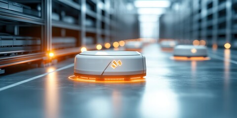 smart logistics factory concept. Automated robots navigating a modern warehouse environment with glowing pathways.