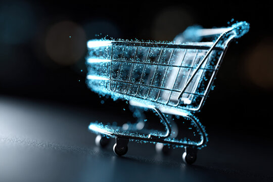 A digital shopping cart icon glowing in hologram