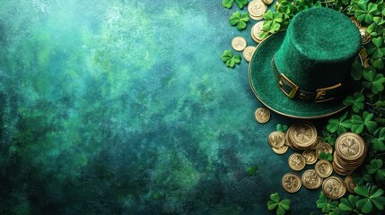 Irish St Patrick's Day green hat and gold coins on shamrock leaves
