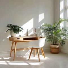 Fototapeta premium bright white room with sunlit wooden desk and plant