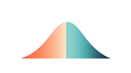 A symmetrical bell curve split into two colors, representing a distribution, possibly related to data analysis or statistics