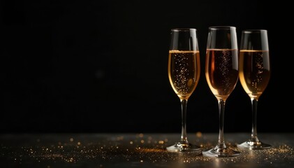 Refined champagne setup; gold accents, black background, stylish, luxury