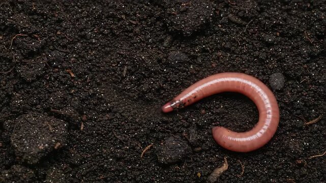 Red earthworm crawling on dark soil in natural habitat  