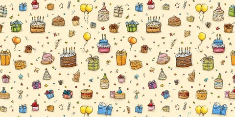 A celebratory pattern featuring assorted cakes, gifts, and party paraphernalia, all rendered in a whimsical style.