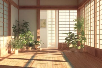 Naklejka premium Sunlit room with wooden floor, shoji screens, and potted plants.