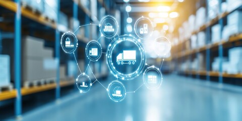 smart logistics factory concept. Digital logistics network visualization in a modern warehouse setting.