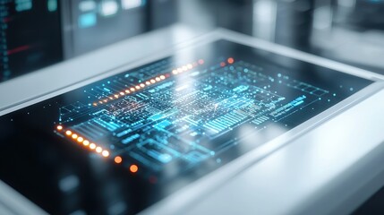 smart logistics factory concept. Futuristic digital circuit board with glowing elements and technology interface.