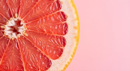 Close-up of grapefruit slice with visible juice sacs and translucent texture, ultra detailed, crisp edges, noise free, natural lighting, pastel pink background, citrus macro photo