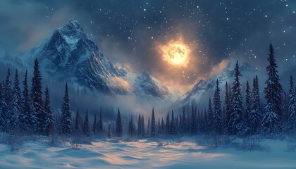 Snow covered mountains and pine forest under a glowing full moon and starry sky winter