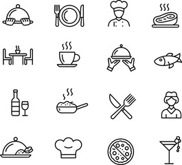 Restaurant food icons, chef, meal, drink, dining, cooking symbols, line art kitchen, vector illustration for food industry design.