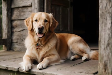 Golden retriever lying on wooden porch in natural light.
