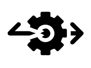 Black gear with two arrows pointing towards and away from the center on a white background view