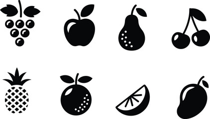 Fruit icon vector set, black silhouette fruit clipart, healthy food illustration, tropical and seasonal fruits design for kitchen, labels